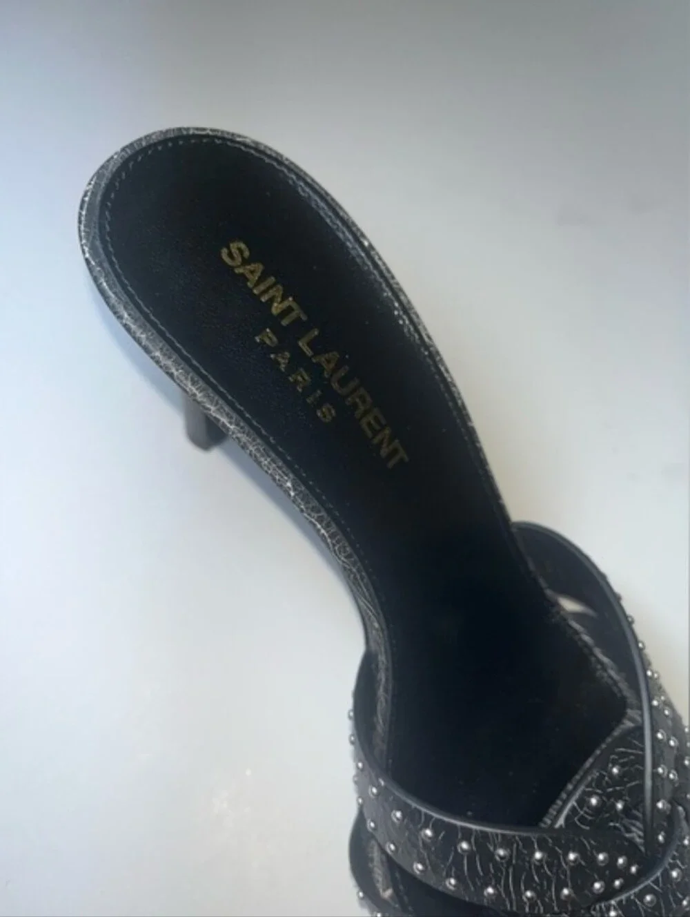 Saint Laurent Black Studded Leather Heeled Slide Sandals - Picture 9 of 11